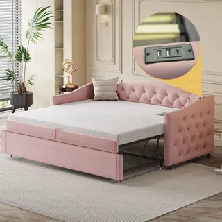 Ball & Cast Schlafsofa (90/180x200cm) mit USB-Anschluss und Weicher Kantenschutz, Klassische Knopf-Design, Einfach & Zeitsparend Montierbar, Ausziehbar - Leinenstoff, Rosa
