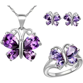 Uloveido Niedlicher Schmetterling Jubiläumsschmuck Set für Mädchen Charm Lila Anhänger Halskette Ohrringe und Ringe Set für Frauen