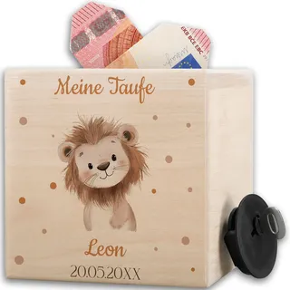 Shirtracer Spardose Holz personalisiert Taufe Safari Löwe | Holz, 10x10cm, Patenkind, Taufgeschenke, Täufling, Savanne, König der Tiere, mit Schlüssel und Schloss, Sparbox, Geldgeschenk