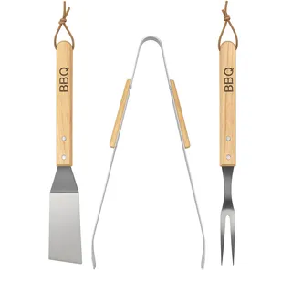 BBQ Grillbesteck Set 3-teilig aus Edelstahl – Grillzange, Wender & Fleischgabel – rostfrei, spülmaschinenfest & ergonomisch – mit Holzgriff & Schlaufe – ideal für Camping & Garten-Grill