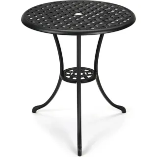 Gartentisch - Runder Bistrotisch - 60 cm Durchmesser - Gussaluminium - Schirmloch - Für Terrasse/Garten/Balkon - Schwarz