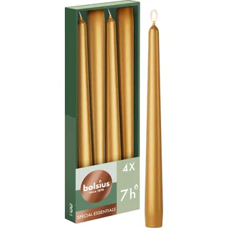 Bolsius Glatte Spitzkerzen - Metallic Gold - Set 4 Stück im Karton - 24,5 cm - Dekorative kerzen - Brenndauer 7 Stunden - Unparfümierte - Natürliches Pflanzenwachs - Ohne Palmöl - Weihnachtsdeko