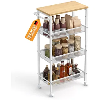 VASAGLE Rollwagen 4 Ebenen, Küchenwagen schmal, Nischenregal auf Rollen, Stahl, Griff, für kleine Räume, 22 x 45,4 x 77 cm, Küche, Bad, Wohnzimmer, Arbeitszimmer, eichenfarben-weiß LRC033W09