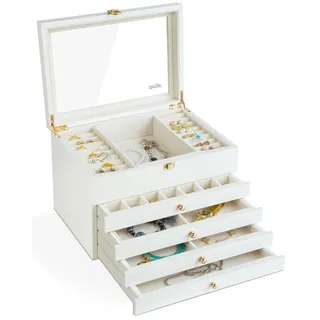 Slege Schmuckkästchen aus Holz,Handgefertigt Schmuckkasten Groß 5 Ebenen,Schmuckschatulle mit 4 Schublade,Schmuck Organizer Glasdeckel,Schmuckaufbewahrung für Ring,Ohrringe,Halsketten, Armbänder,Weiß