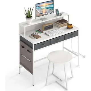 COSTWAY Computertisch mit Hocker & Steckdosen, Computerschreibtisch mit Monitorständer, Schubladen & Seitentaschen, Schminktisch Schreibtisch Weiß - Weiß