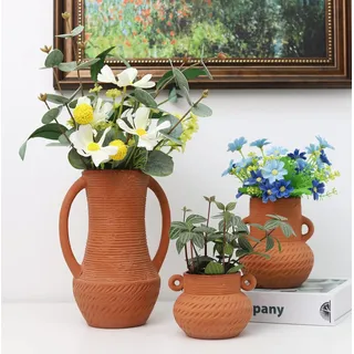 Terrakotta-Vasen-Sets, Tonvasen für Blume, breite Öffnung Vasen für Dekor, rustikale Wohnkultur-Vasen für Blumen, rustikale Bauernhaus-Dekor, Wohnzimmerdekoration und Zubehör (3)