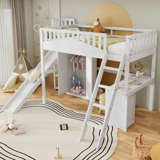 Ball & Cast Hochbett (90x200cm) Kinderbett mit Treppe und Rutsche, Etagenbett mit Kleiderschrank und Schreibtisch, ohne Matratze, Weiß