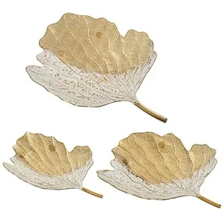 Set mit 3 Zentren in Blattform aus Metall, weiß und Gold, 7 x 66 x 50 cm