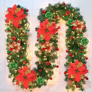 NUZEKY Weihnachtsgirlande mit Beleuchtung: 2.7M/9Ft Tannengirlande mit Beleuchtung Weihnachtsgirlande Aussen mit Blumen Kugeln Ornamente für Indoor Außen Kamin Treppe Mantel Urlaub Weihnachtsdeko