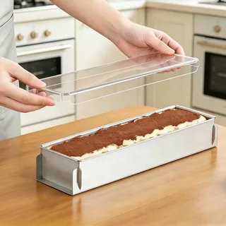 Edelstahl Tiramisu Form, Kuchenform rund, Backrahmen Rechteckig Verstellbar, Edelstahl Backform antihaftbeschichtet, Transparenter Deckel Springform abnehmbarer Boden für Zuhause Gastronomie 40x10x6