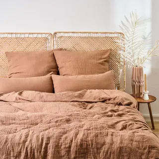 Blumtal Musselin Bettwäsche 135x200 cm - Baumwolle/Bettbezug 135 x 200 - Kissenbezug 80x80 Kupfer - Braun