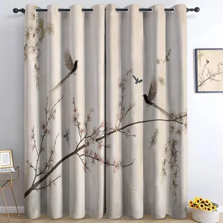 Blickdichte Gardine für Wohnzimmer H 245 x B 150 cm (2er Pack) Orientalische Blumen Vögel Vorhänge Schlafzimmer Ösen Thermo Vorhang Kälteschutz Dekoschal Deko Verdunkelung Creme