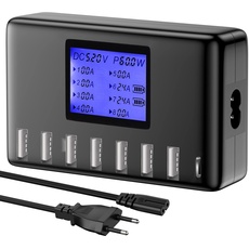 USB Ladegerät, 60W 8 Ports USB Ladestation 12A USB C mit LCD Display für mehrere Geräte, USB C Hub für iPhone iPad Android Samsung Huawei Tablet Kindle