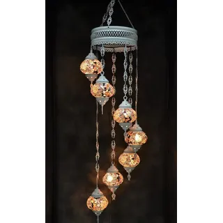Hanglamp aus buntem Glas mit orientalischem Mosaik, 7-globig, handgemacht in der Türkei, cremeweiß - Bunt