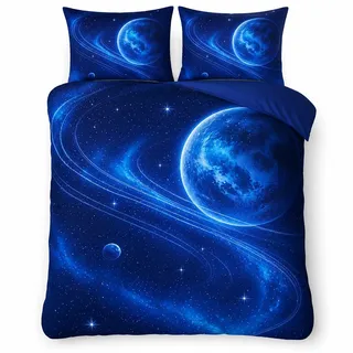 Ranedo Galaxis Bettwäsche Kinder 135x200 cm, Blaue Weltraum Bettwäsche für Jungen, Sternenhimmel Bettbezug Set für Teenager mit 2 Kissenbezügen 80x80 cm, Mikrofaser, Reißverschluss, Blau