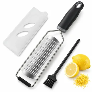 Premium Zester-Reibe aus Edelstahl, Parmesanreibe, Zitronenreibe, Ingwer- und Muskatreibe mit rasiermesserscharfer Klinge, spülmaschinengeeignet, inklusive Schutz und Reinigungsbürste