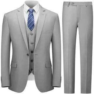 Cooper & Nelson Herrenanzug Slim Fit 3-teilige Anzüge für Herren EIN-Knopf Solid Jacke Weste Hose mit Krawatte Smoking Set, Li Grey, 3XL