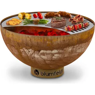 blumfeldt Savage Feuerschale mit Grill, Ø Feuerschale: 60,5 cm, Wasser- und frostfest, Brennstoff: Feuerholz oder Holzkohle, Material: Stahl, inkl. Wetterschutz, Typ: Klein, rost