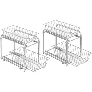 Songmics Küchen-Organizer 2er Set, Küchenregal, Ordnungssystem, jeweils 2 Ebenen, stapelbar, erweiterbar, mit Metallkörben, für Küche, Badezimmer, Taubengrau KCS017E02V1