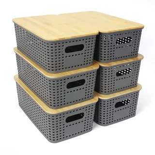 UHAPEER Aufbewahrungsbox mit Bambus Deckel, 6 Stücke Aufbewahrungskorb, Kunststoff Korb Aufbewahrung, Kitchen Organizer Grau, Stapelbare Aufbewahrungsboxen, Kiste mit Deckel 25.6 x 18 x 10.7 cm