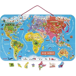 Janod Puzzle Weltkarte - Magnetische Landkarte aus Holz, 92 Teile (J05490)