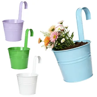 AXVRAV 4er-Set 16CM Blumentöpfe zum Aufhängen Hängend, Bunt Blumentopf Metall mit abnehmbaren Griff & Loch, Hängebkorb Blumentopf für Balkon, Zäune, Fenster, Geländer