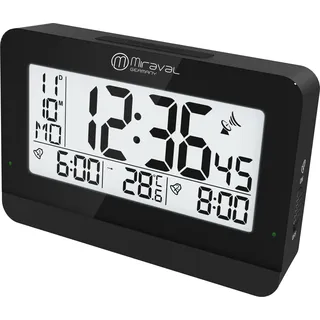 Miraval digitaler Funkwecker Datumsanzeige Designwecker Reisewecker Temperaturanzeige Großes Display 2 Alarme Snooze Hintergrundbeleuchtung Moderner Wecker Funkuhr geräuschlos Digitaler Wecker - Schwarz