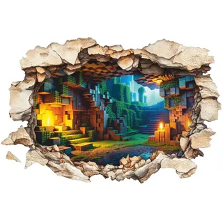 Pixel-Art Mine Gaming Wandaufkleber Wandtattoo 3D Wanddurchbruch – Block-Design Landschaft Wandsticker – Kinderzimmer Deko für Jungen – Einfach Anzubringen – 40 × 60 cm