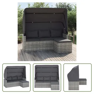 The Living Store 3-Sitzer-Gartensofa mit Dach und Fußhocker Grau Poly Rattan - Grau