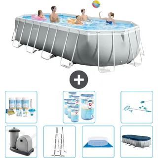 Intex Oval Prism Frame Swimmingpool – 610 x 305 x 122 cm – Grau – inklusive Pumpe – Leiter – Bodenplane – Abdeckung Wartungspaket - Filter - Reinigungskit