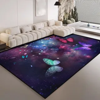 HOSIMA Teppich Mit Schmetterlings-Sternenhimmel-Aufdruck,Weiche,rutschfeste Unterseite,Kurze Teppiche für Kinderzimmer,Schlafzimmer,rutschfeste Bodenmatte,Flauschige Matte(120 * 160)