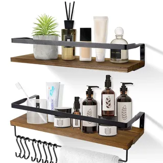 AGM Wandregal Holz 2er Set mit Handtuchhalter, schwimmende Regale Wand aufbewahrungs Regal Hängeregal Ideal für Badezimmer Küche Wohnzimmer Büro Schlafzimmer(mit Haken)