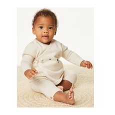 Unisex,Boys,Girls M&S Collection 2pc Pure Cotton Knitted Bear Outfit (7lbs-1 Yrs) - White Mix, White Mix - 3-6 Months