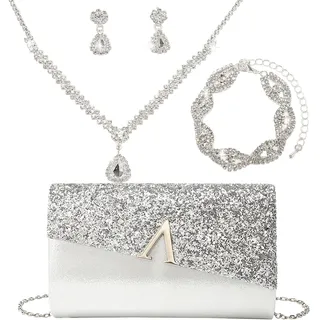 OUAYEMEL Glitzer Abend-Clutch für Damen, Glitzernde Handtasche für Hochzeiten und Bälle, 4-teiliges Strass-Schmuckset Silber
