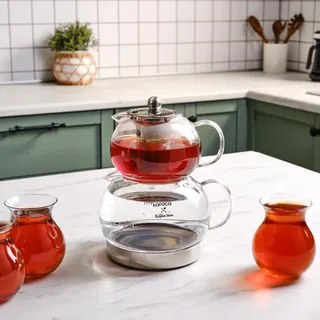 KARACA Refika Borosilikatglas Teekannen-Set mit Edelstahl-Teesieb, 1.5 L Kessel & 0.6 L Glas Teekanne mit Sieb, Turkish Tea Pot, Caydanlik
