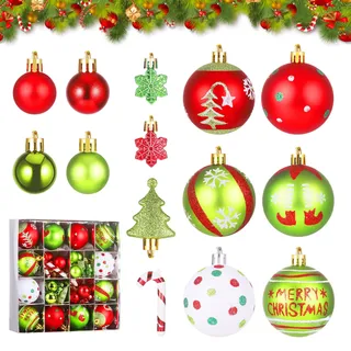 Zourglow 46 Stück Grinch Weihnachtskugeln, 3-7cm Kunststoff Christbaumkugeln mit Süßigkeit Weihnachtsbaum Schneeflocken Ornamente, Bruchsicher Mehrweg, Rot Weiß Grün Christbaumschmuck für Innen Außen