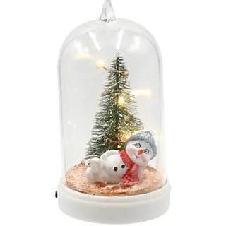 Baumbehang - Anhänger - Glocke mit Schneemann und beleuchteten Tannenbaum, Schneekind mit Mütze und Schal in grau und rot, L/B/H 6 x 6 x 11 cm.