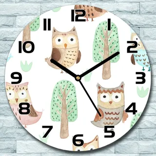 Wanduhr aus Glas Rund fi 30 Eulen und Bäume Quarz Deko Wohnzimmer Büro