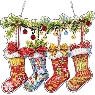 MAXBYE Diamond Painting Fensterbilder Weihnachtssocken Set, Diamond Painting Art Double-Sided Pendant Kristall Hanging Pendant mit Kette, Christmas Decor Window Pictures Für Fenster Wand 20x20cm