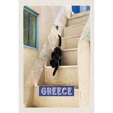 Blechschild 18x12 cm Greece Griechenland weiße Treppe Katze