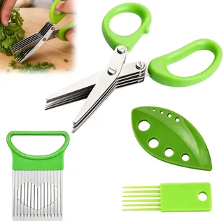4PCS Küchenutensilien,Gemüseschere, Schnittlauchschere, Kräuterschere | Petersilienschneider Mit Reinigungsbürste, Für Kräuter, Schnittlauch, Petersilie, Rosmarin,5 Klingen Edelstahl
