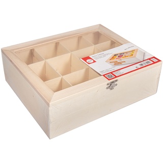 Rayher 62972505 Holz Teebox, 28,5x23,5x9cm, 12 Fächer, naturbelassen, mit Metallschließe, Teekasten, Teebeutelbox, Holzbox zur Aufbewahrung von Teebeuteln, Kaffeepads, Gewürzen etc.