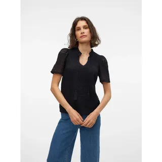 Spitzenshirt VERO MODA "VMHONEY LACE S/S TASSEL TOP WVN GA", Damen, Gr. M, schwarz (schwarz pattern:original lace), Web, Obermaterial: 75% Baumwolle, 25% Nylon, unifarben, regular fit, Rundhals, Shirts Spitzenshirt
