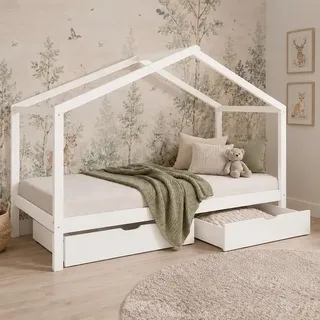 Homestyle4u Hausbett 90 x 200 cm Kiefer lackiert weiß