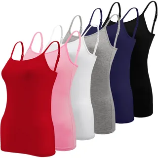 BQTQ 6 Stück Unterhemd Damen Camisole Tank Top Spaghetti Top Spaghettiträger Tank Top Basic Cami Tank Top für Frauen und Mädchen, Schwarz, Weiß, Grau, Hot Pink, Rot, Dunkelblau, XXL