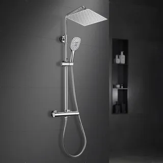 Görbach Regendusche Duschsystem mit Thermostatarmatur Mischbatterie, Wassersparend,Edelstahl Thermostat Duschset mit XL Kopfbrause 25 * 25cm Chrom