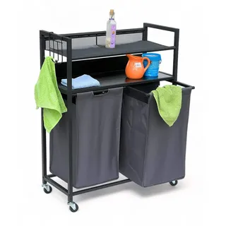 DanDiBo Wäschekorb 2 Fächer mit Ablagen Schwarz Metall mit Rollen , 75x98x33 cm , Haushalt & Kleinelektro, Wäschepflege, Wäschekörbe & Wäschetonnen