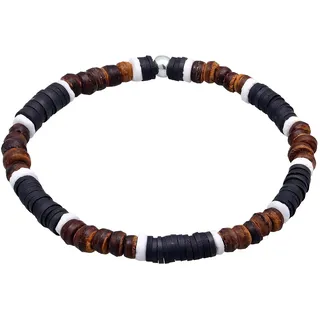Kuzzoi Buddha Herren Armband aus Heishi und Kokosnuss Holz Perlen (6 mm) mit oxidierten 925 Sterling Silber Elementen Muschel Beads Armband für den Mann elastisch, Länge 21 cm