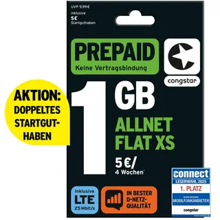 Congstar Prepaid ALLNET XS SIM-Karte ohne Vertrag –1 GB im D-Netz Qualität für Wenigsurfer I 5G mit 25 Mbit/s, 10€ Startguthaben, Telefon & SMS Flat in alle dt. Netze, EU-Roaming inkl., ohne Vertrag.