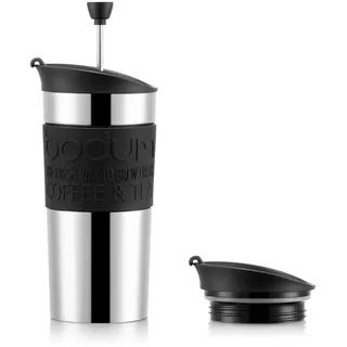 Bodum K11067-01 Travel Press Kaffeebereiter aus Edelstahl in schwarz mit Ersatzdeckel, 350 ml
